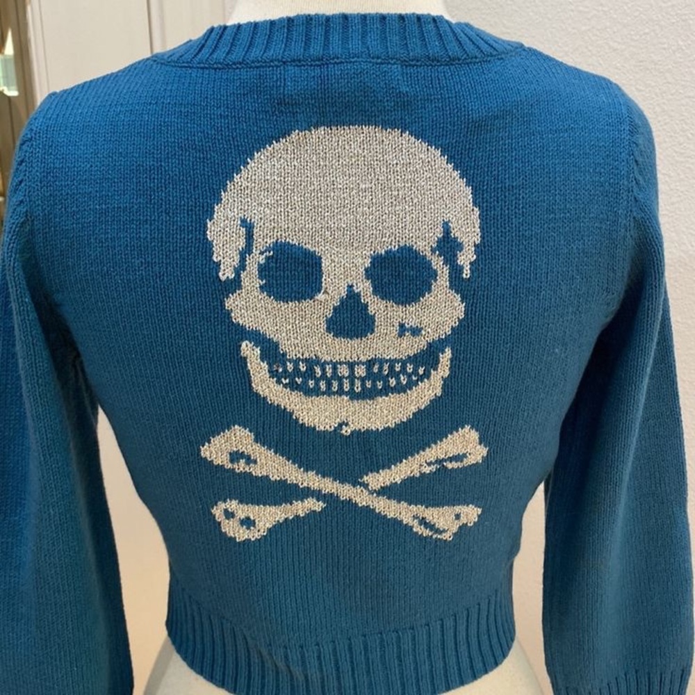 Betsey Johnson Blue Cropped Skull-Back Cardigan
